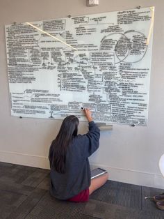 a woman sitting on the floor writing on a wall