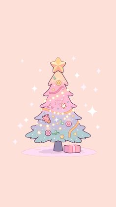 a christmas tree with presents on it and stars in the sky around it, against a pink background