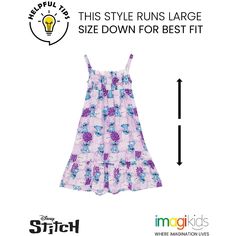 Get ready for a day filled with Disney magic in this stylish Disney maxi dress! This comfy and casual sundress features a fashionable smocked bodice, a pretty ruffle hem, and colorful Disney artwork your little girl will love to wear! Choose from a pink flower design with an all over print of Minnie Mouse and a purple Hawaiian design with artwork of Stitch from Lilo and Stitch. Made of a soft and lightweight material that keeps your child comfortable all day long, this cute Disney ruffle hem dre Playful Sleeveless Smocked Summer Dress, Playful Sleeveless Summer Smocked Dress, Playful Sleeveless Smocked Dress For Beach, Summer Sleeveless Playful Smocked Dress, Sleeveless Playful Smocked Summer Dress, Fitted Disney Spring Dresses, Fitted Disney Dresses For Spring, Playful Sleeveless Cotton Smocked Dress, Fitted Playful Smocked Dress For Summer