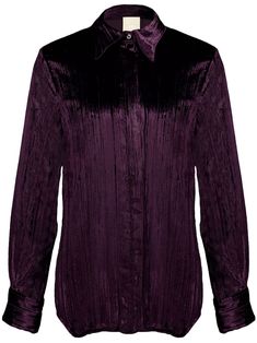 plum purple velvet plissé effect concealed front button fastening classic collar long sleeves buttoned cuffs straight hem Velvet Shirt, Wardrobe Edit, Yoko London, Purple Velvet, Plum Purple, Purple Hues, Exclusive Fashion, Lady Dior, Deep Purple