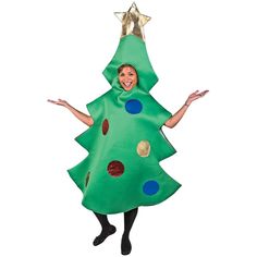 a woman in a green christmas tree costume