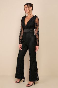 Prepare to draw everyone in with your chic aesthetic in the Lulus Elevated Allure Black 3D Floral Embroidered Long Sleeve Jumpsuit! Sheer mesh, adorned with a three-dimensional floral embroidery design, shapes a surplice neckline and a princess-seamed bodice, all framed by sheer long sleeves. The seamed, banded satin waist sits atop figure-slimming pant legs that fall to flared, full-length hems. Hidden back zipper/clasp. Fit: This garment fits true to size. Length: Floor length. Size medium mea Officiant Attire, Womens Cocktail Attire, Jumpsuits For Women Formal, Jumpsuit Prom, Prom Jumpsuit, Cocktail Wedding Attire, Fancy Jumpsuit, Design Shapes, Black Suit Wedding