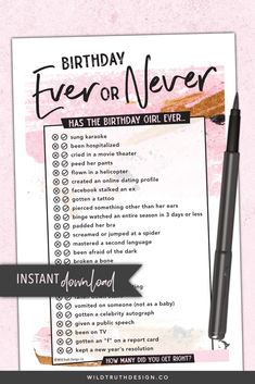 Never Has She Ever Birthday Game Birthday Quiz, Birthday Party Checklist, Birthday Games For Adults, Birthday Party Game, Party Checklist, Woman Birthday Party, 13th Birthday Parties, Birthday Party For Teens, Adult Party Games