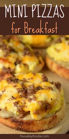 mini breakfast pizzas on a cutting board with text overlay