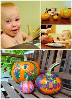 a collage of photos with pumpkins painted on them and babies in the background