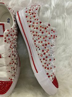 Women Red Rhinestone & Pearls All-star Low-top Converse, Women Wedding Converse, Women Birthday Converse, Women Bling Converse-custom Size - Etsy Bedazzled Converse Diy, Blinged Shoes, Bedazzled Converse, Bedazzled Shoes Diy, Glittery Shoes, Bedazzled Shoes, Bling Converse, Converse Women, Converse Custom