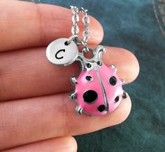 Pink Ladybug Necklace, Personalized Necklace, Insect Necklace, Monogram Necklace, Bug Jewelry, Ladyb Ladybug Necklace, Insect Necklace, Bug Jewelry, Pink Ladybug, Monogram Necklace, Necklace Personalized, Personalized Necklace, Ball Chain, Hand Stamped