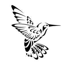 a black and white drawing of a hummingbird flying in the air with its wings spread