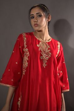 Red chanderi kurta with sequins hand embroidery. Comes with pant. - Aza Fashions Red Gota Work Kurta For Reception, Red Raw Silk Palazzo Set With Mirror Work, Pants Pattern, Anarkali, Three Quarter, Aza Fashion, Bell Sleeves, Pants Set, Hand Embroidered