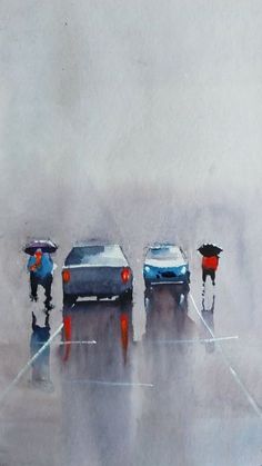 three people with umbrellas are standing in the rain next to their cars on a wet road