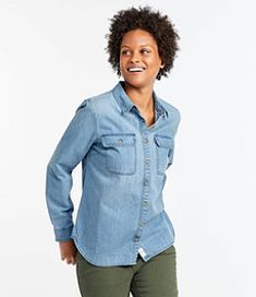 #LLBean: Women's L.L. Bean Heritage Washed Denim Shirt, Long-Sleeve Overshirt Women, Flannel Hoodie, Women's Henley, Flattering Jeans, Built To Last, Washed Denim, Women's Shirts, Womens Tunics, Ll Bean