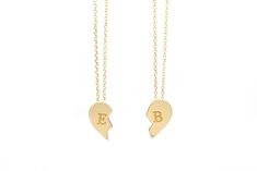 This personalized gold necklace is a unique split heart sold as a matching couple's set or a friendship charm! A custom signet necklace, engraved with your initial! This letter necklace is made of SOLID GOLD, and the whole heart has TWO charms with TWO chains! You can choose one-half heart or the two pieces heart (whole heart), and send the one half to your loved one! Great gift for lovers or best friends. ✔ Made to Order ✔ Gold Kt: 9k-14K-18k ✔ Metal stamp: 375-585-750 ✔ Available Gold Color: R Personalized Double Heart Necklaces For Friendship, Personalized Double Heart Friendship Necklace, Personalized Initial Pendant Jewelry For Friendship, Personalized Heart-shaped Necklaces For Friendship, Personalized Heart Necklaces For Friendship, Personalized Gold Initial Necklace For Best Friend, Personalized Heart Pendant Necklace For Friendship, Heart-shaped Engraved Charm Necklace For Best Friend, Engraved Heart Charm Necklace For Best Friend