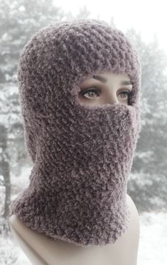 For cold winter: long balaclava, made of very fluffy and soft polyester yarn in grey-beige color. Warm Fitted Crochet Winter Hat, Warm Fitted Crochet Hat For Winter, Hand Knitted Fitted Crochet Winter Hat, Fitted Warm Crochet Hat For Cold Weather, Warm Fitted Crochet Hat For Cold Weather, Handmade Fitted Winter Balaclava, Handmade Fitted Balaclava For Winter, Handmade Fitted Crochet Winter Hat, Handmade Fitted Crochet Hat For Winter