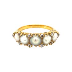 A wide antique Victorian five pearl half hoop ring accented by diamonds circa 1880. The pearls are likely natural and are split to create the ring. The pearls have a nice creamy white lustre with perhaps a slight tinge of gray. The 10 diamonds are old mine cut and weigh approximately 0.25 carats. The ring made in 18k gold. There are no marks. The ring is 7.8 mm wide at the widest width on the top and spans across the finger. The ring is a size 8. Peach Morganite Ring, Gold Bar Earrings Studs, Cluster Ring Set, Gold Bar Earrings, Gold For Sale, Pearl And Diamond Ring, Bar Stud Earrings, Victorian Rings, Gold Band Ring