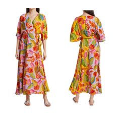 Brand New, With Tags, Very Chic, Really In Farm Rio "Mixed Beaks & Bananas Maxi Wrap Dress It Has A Gorgeous Color And Style!!! It Retails For $225.00 Color: Multi-Color Size: S Style: 303124 Product Details: Designed In A Colorblocked Tropical Print, Farm Rio's Mixed Beaks & Bananas Maxi Dress Flaunts A Surplice Neck Complemented By Voluminous Sleeves. This Relaxed-Fit Piece Is Fastened By A Sash-Tie. V-Neck Three-Quarter Sleeves Sash-Tie 100% Viscose Lining: 100% Viscose Hand Wash Imported Siz Multicolor Beachwear Midi Dress For Brunch, Yellow Vibrant Print Dress For Brunch, Yellow Dresses With Vibrant Print For Brunch, Yellow Tropical Print Beachwear Dress, Vibrant Short Sleeve Midi Dress For Beach, Yellow Floral Print Midi Dress For Beach Season, Yellow Floral Midi Dress For Beach Season, Vibrant Printed Yellow Dress, Vibrant Yellow Printed Dress