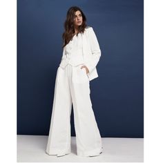 European Culture Lux Mood Pleated Wide-Leg High Waisted Trouser One Button Zip Closure, Front Pockets Italian Trouser Made In Italy 100% Original Italian Quality 60% Lyocell 25% Cotton 15% Polyester Approx Measurements: Waist: 16” Length: 42.5” Rise: 11” Inseam: 31.25” Elegant Linen Pantsuit For Formal Occasions, Elegant Linen Pantsuit For Formal Events, Elegant Tailored Linen Pantsuit, Elegant Fitted Linen Pantsuit, Fitted Linen Wide-leg Pantsuit, Elegant Spring Linen Pantsuit, White Summer Suits For Workwear, Summer White Suits For Workwear, White Summer Suits For Work