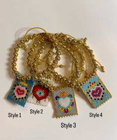 four different styles of beaded bracelets on a white surface with text below them