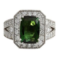 Stamped: 18K White Gold Total Ring Weight: 9.0 Grams Ring Length: N/A Ring Width: N/A Gemstone Weight: Total Natural Tourmaline Weight is 3.62 Carat (Measures: 11.00x7.87 mm) Color: Green Diamond Weight: Total Natural Diamond Weight is 1.10 Carat Color: F-G, Clarity: VS2-SI1 Face Measures: 15.75x13.35 mm Sku: [702714W] 14k White Gold Diamond Ring, Diamond Jewelry Designs, Gold Diamond Ring, White Gold Diamond Rings, Green Diamond, Pretty Rings, Green Tourmaline, White Gold Rings, White Gold Diamonds