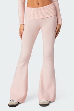 Desiree Knitted Low Rise Fold Over Pants – edikted Fold Over Pants, Knit Flare Pants, Hoodie Cardigan, Bootcut Pants, Hooded Cardigan, Pink Pants, Pink Outfits, Knit Outfit, Knit Pants