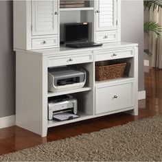 a white computer desk with drawers, printer and scanner on it's top shelf