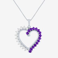 Features: Quick ShipSetting: ProngShape: HeartStone Cut: RoundStone Millimeter Measurement: 2.5 Mm Length, 2.5 Mm WidthMetal Color: WhiteChain Length: 18 InchPendant Length: 24.5mmPendant Width: 25.4mmMetal: Sterling SilverChain Construction: BoxCare: Wipe CleanStone Type: 15 Genuine Amethyst, 12 Lab Created SapphireAuthenticity: Genuine StoneBirthstone: February BirthstoneNecklace Type: Pendant NecklacesCountry of Origin: Imported Purple Heart-cut Sterling Silver Necklace, Purple Heart Cut Sterling Silver Necklace, Purple Sterling Silver Heart Cut Necklace, Cubic Zirconia Heart Necklace With Gemstone, Purple Heart Cut Necklace For Valentine's Day, Purple Round Necklace For Valentine's Day, Purple Cubic Zirconia Jewelry For Valentine's Day, Anniversary Amethyst Heart Necklace, Purple Heart Pendant Necklace For Valentine's Day