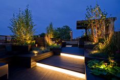 an outdoor deck with lights and plants on it