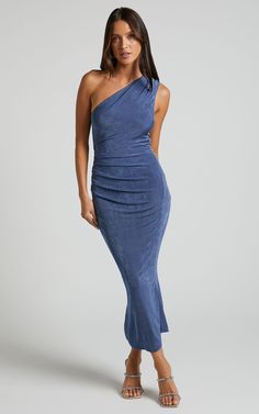 Arietty Midi Dress - One Shoulder Asymmetrical Ruched Dress in Steel Blue Elegant Blue Ruched One Shoulder Dress, Elegant Blue Ruched One-shoulder Dress, Elegant Blue One Shoulder Ruched Dress, Fitted Blue One Shoulder Ruched Dress, Fitted Blue One Shoulder Dress With Ruched Detail, Blue One Shoulder Dress With Ruched Asymmetrical Neckline, One Shoulder Bodycon Dress With Ruched Sides For Party, One-shoulder Bodycon Dress With Ruched Sides For Party, One-shoulder Ruched Bodycon Dress For Parties