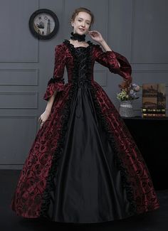 Wine Red Renaissance Gothic Victorian Dress for Women Condition: Brand New  Color:Blue/Wine Red/Green  Material: This dress made of High Quality Brocade, soft,smooth and comfortable to wear  Sleeve Length: Long Flare Sleeve  Dresses Length:Floor-Length  Neckline: amp;nbsp; Square Collar  Decoration: Ruffles + Lace  Package Includes:  Dress    The length of skirt about 45 inches (114 cm) long from waist to hem regardless of size. This dress is pictured with a 6-hoop skirt Petticoat underneath to Victorian Dress Drawing, Vampire Gown, Historical Dresses Victorian, Vintage Ball Gown, Victorian Ball Gowns, Gothic Victorian Dresses, Vampire Dress, Vintage Ball Gowns, Victorian Dresses