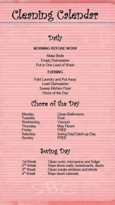 a pink and green poster with the words cleaning calendar