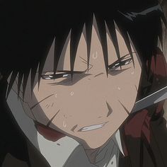 an anime character with black hair holding a knife in one hand and looking at the camera