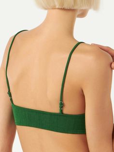 Green bralette topAdjustable straps Composition: 90% Polyamide 10% Elastane Green Summer Bra With Adjustable Straps, Summer Green Bra With Adjustable Straps, Elegant Summer Bra With Adjustable Straps, Chic Triangle Top With Adjustable Straps, Summer Bra With Removable Straps, Trendy Summer Bra With Adjustable Straps, Vacation Bandeau Top With Adjustable Straps, Bandeau Top With Adjustable Straps For Vacation, Chic Strappy Crop Top With Adjustable Straps