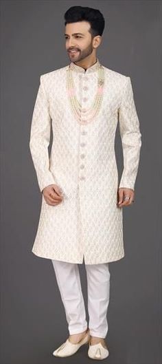 White and Off White color Sherwani in Silk fabric with Cut Dana, Embroidered, Resham, Thread work Luxury Off-white Sherwani With Resham Embroidery, Luxury White Sherwani With Chikankari Embroidery, Luxury Off-white Sherwani With Dabka Work, Luxury Off White Bandhgala With Chikankari Embroidery, Luxury Off-white Traditional Sherwani, Luxury White Sherwani, White Kurta With Cutdana For Reception, White Cutdana Kurta For Reception, White Traditional Wear For Eid Ceremony