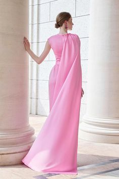 Efflores Pegged Round Neck Silk Floor Length Dress | MEAN BLVD Pre-draped Floor-length Silk Dress For Gala, Floor-length Silk Gown For Banquet, Silk Floor-length Evening Dress For Banquet, Elegant Pink Gown With Cape Sleeves, Elegant Pink Dress With Long Train, Elegant Pink Evening Dress With Long Train, Elegant Cape Sleeves Maxi Dress For Banquet, Silk Floor-length Banquet Dress, Elegant Maxi Dress With Cape Sleeves For Banquet