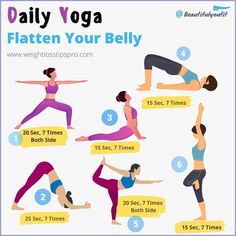 a woman doing yoga poses with the text daily yoga flatten your belly on it