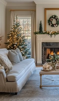 a living room filled with furniture and a fire place covered in christmas decorations next to a fireplace