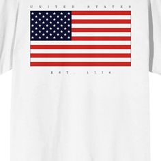 Cheer for the red, white, and blue with this Americana tee. The shirt features a large American flag while gray letters above and below the flag reads, "United States, Est. 1776." The tee comes in a white short sleeve crew neck. Celebrate the land of the free with this comfy cotton t-shirt. American Flag T-shirt For 4th Of July, White Americana Letter Print T-shirt, Red Americana T-shirt With American Flag, White American Flag T-shirt For Independence Day, White T-shirt With American Flag For Independence Day, Patriotic Short Sleeve T-shirt With Flag Print, Veterans Day Crew Neck T-shirt Made In Usa, Made In Usa Crew Neck T-shirt For Veterans Day, White T-shirt With American Flag