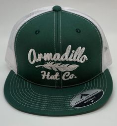 Armadillo Hat Company DURANGO Green with White Mesh Snapback Trucker style - Southern Girls Boutique Sports Snapback Hat With Mesh Back And Flat Brim, Flat Brim Snapback Hat With Mesh Back For Sports, White Sporty Baseball Cap With Mesh Back, Sporty White Baseball Cap With Mesh Back, Casual White Baseball Cap With Mesh Back, Fitted White Trucker Hat, White Fitted Trucker Hat, White Snapback Hat With Mesh Back And Curved Bill, White Snapback Hat With Mesh Back