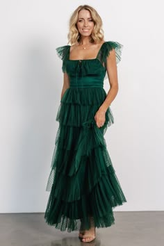 Green Ruffle Dress, Tulle Maxi Dress, Ruffle Maxi Skirt, Baltic Born, Tulle Sleeves, Velvet Maxi Dress, Green Bridesmaid, Dress Dusty, Romper Outfit