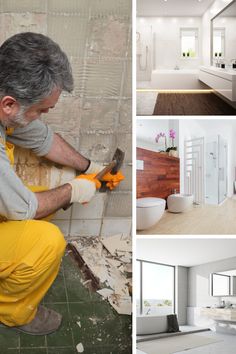 a man in yellow overalls working on a wall with tools and other pictures behind him