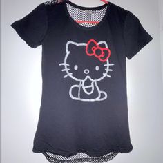 Never Worn New Condition Mesh Back Top Or Bathing Suit Cover-Up Longer In The Back Fitted Black Hello Kitty Print Top, Fitted Black Hello Kitty Top, Fitted Black Top With Hello Kitty Print, Black Hello Kitty Print Short Sleeve Top, Cute Black Stretch T-shirt, Casual Black Tops With Cat Design, Casual Black Top With Cat Design, Y2k Black Hello Kitty Print Top, Black Casual Top With Cat Print