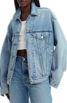 Classic Oversized Denim Jacket, Button-up Denim Jeans For Streetwear, Relaxed Fit Outerwear With Button Cuffs In Medium Wash, Denim Blue Button-up Jeans For Streetwear, Relaxed Fit Medium Wash Outerwear With Button Cuffs, Trendy Button-up Denim Jacket, Trendy Medium Wash Button-up Denim Jacket, Fall Streetwear Jeans With Button Closure, Oversized Denim Jacket With Button Cuffs For Spring