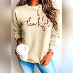 Parchment Thankful Embroidered Drop Shoulder Pullover Sweatshirt Beige Letter Print Sweater For Spring, Embroidered Beige Sweater For Fall, Embroidered Long Sleeve Beige Sweater, Cream Long Sleeve Sweatshirt With Letter Print, Cream Long Sleeve Letter Print Sweatshirt, Beige Crew Neck Sweatshirt For Fall, Beige Embroidered Long Sleeve Sweater, Fall Crew Neck Beige Top, Cream Crew Neck Sweatshirt For Fall