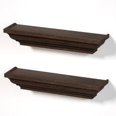 two wooden shelfs are shown against a white background