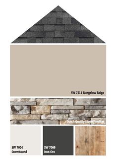 the exterior color scheme for a house with stone and wood tones, including brown, gray,