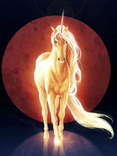 a yellow unicorn standing in front of a red moon