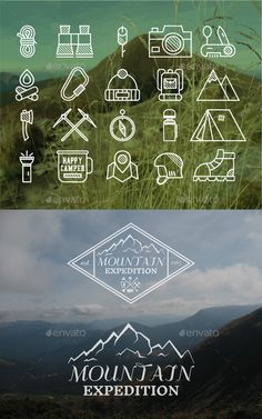 the mountain expedition logo is shown in two different colors and font, along with an image of