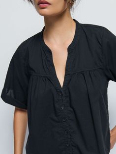 Your spring capsule called. It needs this. With a casual notch neckline, a slightly gathered seam across the bust, and boxy short sleeves, it's the blouse that's perfect for low-key coffee dates and subtle chic looks. (This one comes in Jet Black.) | Women's Filippa Blouse Top in Jet Black | Ethical Essentials Spring Short Sleeve Blouse With Gathered Neckline, Spring Blouse With Gathered Neckline And Short Sleeves, Casual Short Sleeve Blouse With Gathered Neckline, Casual Tops With Gathered Neckline For Daywear, Casual Blouse With Gathered Neckline And Short Sleeves, Summer Tops With Gathered Neckline, Casual Short Sleeve Top With Gathered Neckline, Casual Tops With Gathered Neckline And Short Sleeves, Chic Short Sleeve Tops With Gathered Neckline