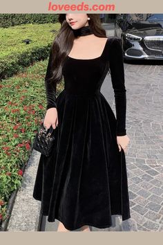 loveeds™- Velvet Elegant Evening Party Midi Dresses Ladies Black France Vintage Dress Women New Winter Korean One-piece Dress Autumn Long Sleeve Bridesmaid Dress, Evening Midi Dress, Dresses Ladies, France Vintage, Dress Autumn, Black Velvet Dress, Midi Dress Party, Looks Chic, One Piece Dress