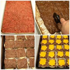 the process of making brownies with cheese and ground meat is shown in three pictures