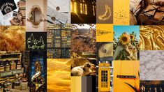 a collage of photos with yellow and black accents, including gold accessories, sunflowers, clouds, buildings, and other items